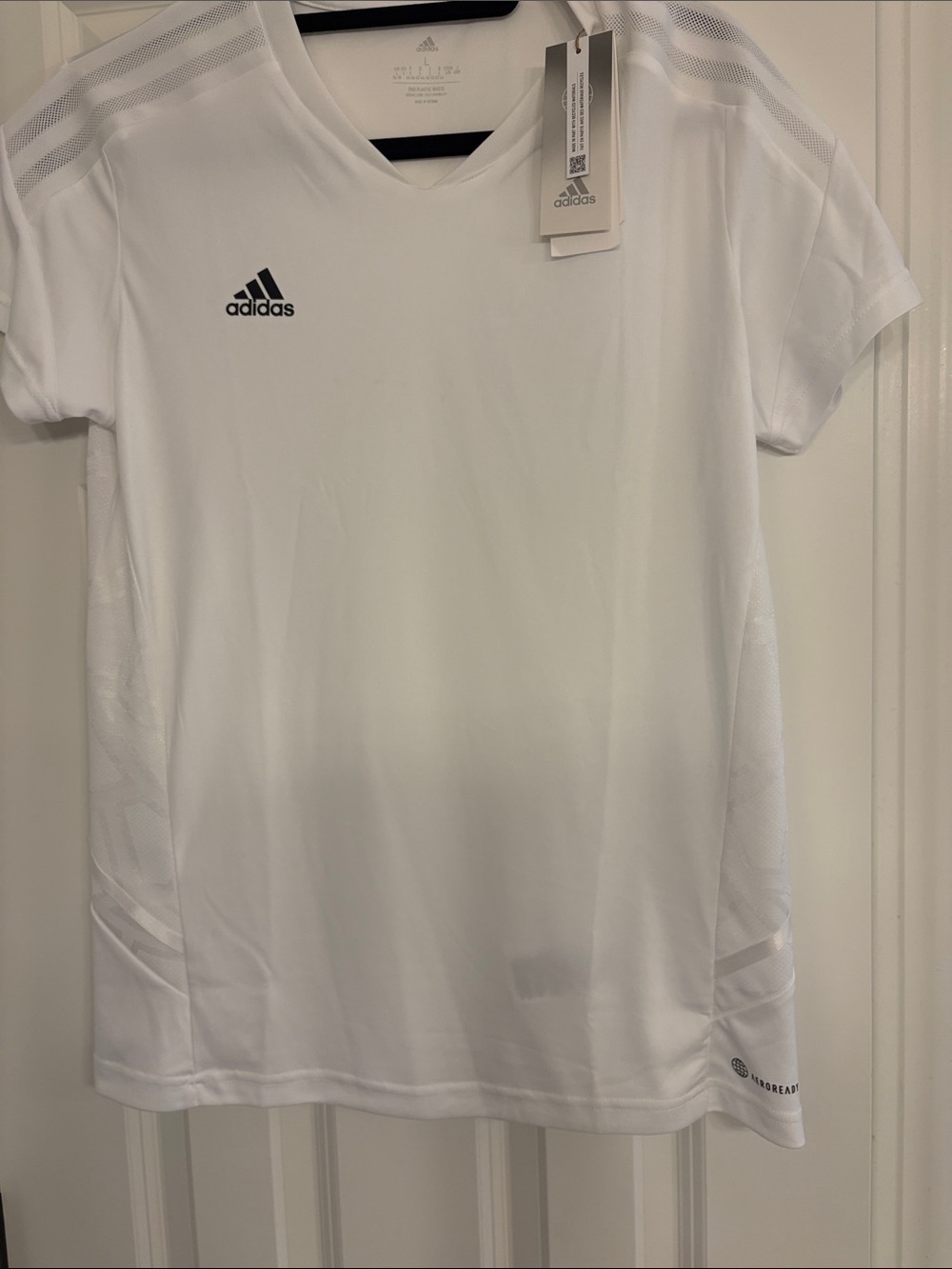 Adidas White V-Neck Performance Tee with Black Logo